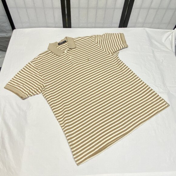 Nautica Short Sleeve Horizonal Stripe Striped Bands 2 Button Polo Shirt Gold L - Picture 8 of 11